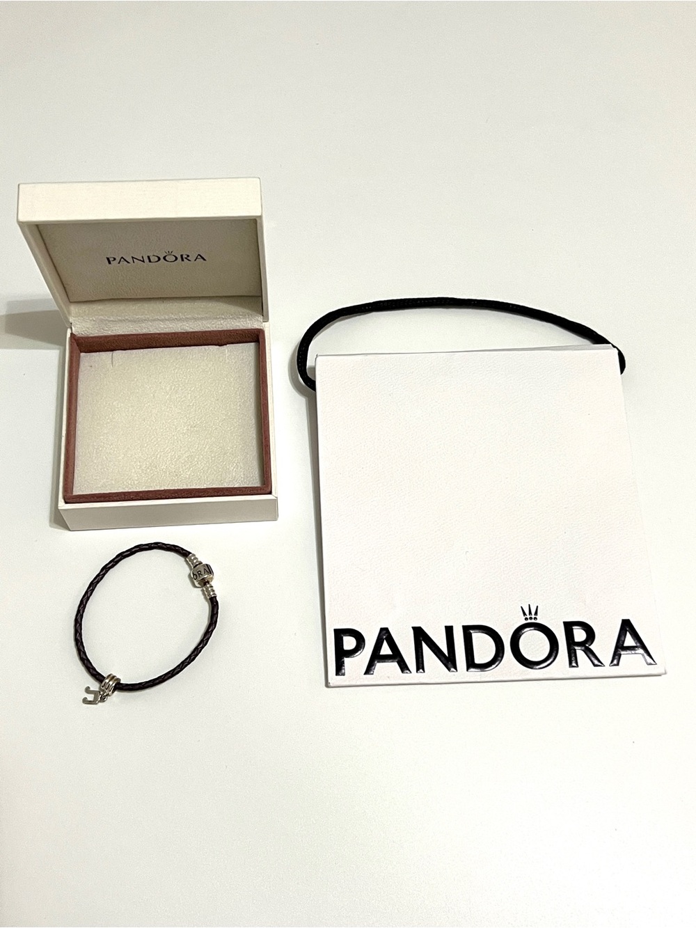 Authentic Pandora Braided Leather Bracelet with Music Note Charm & Box & bag